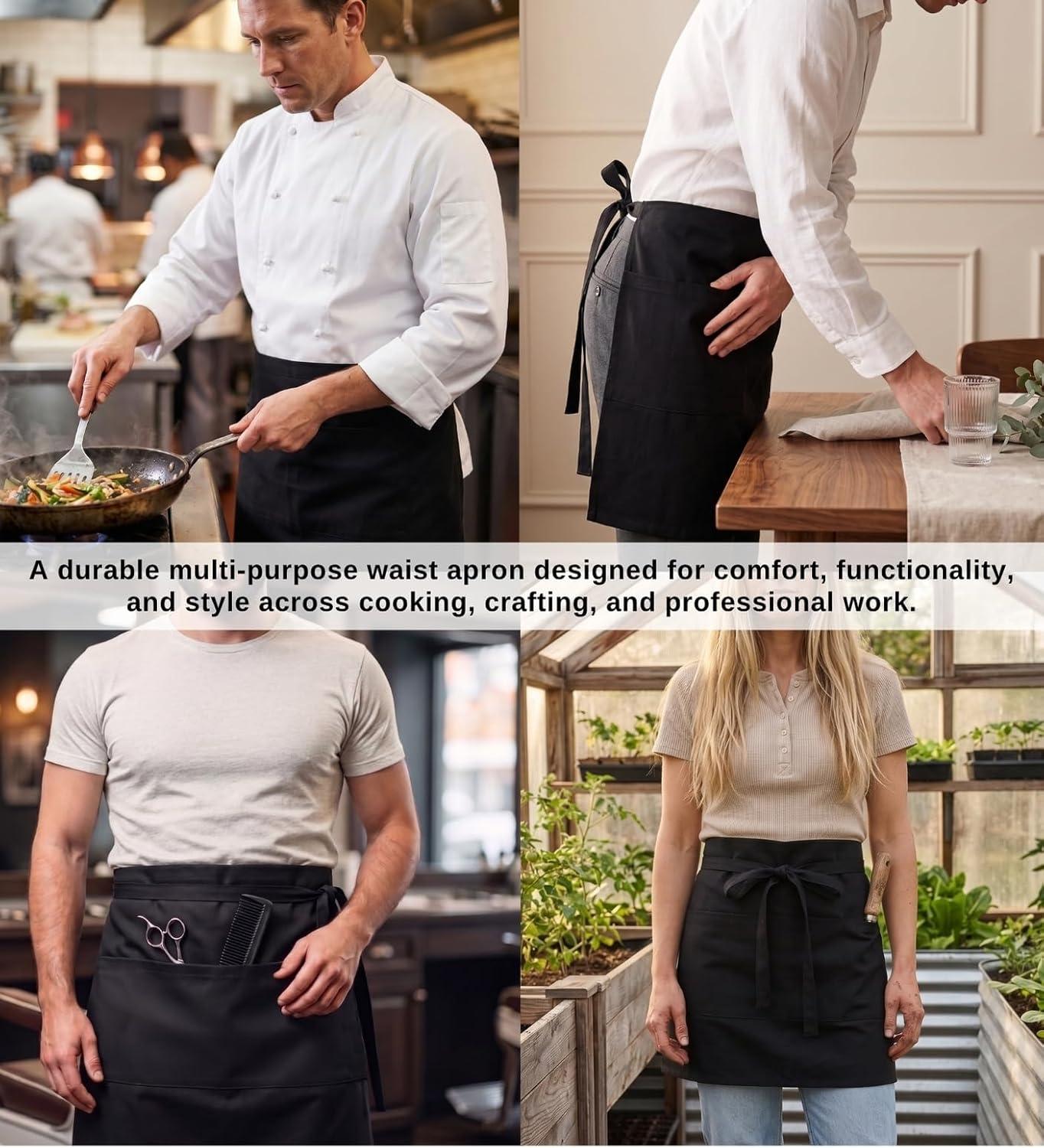 image:imagePurpleEssences Waist Aprons with 3 Pockets Durable Short Apron with Long Straps for Waiters amp Waitresses 235x115 InchBlack
