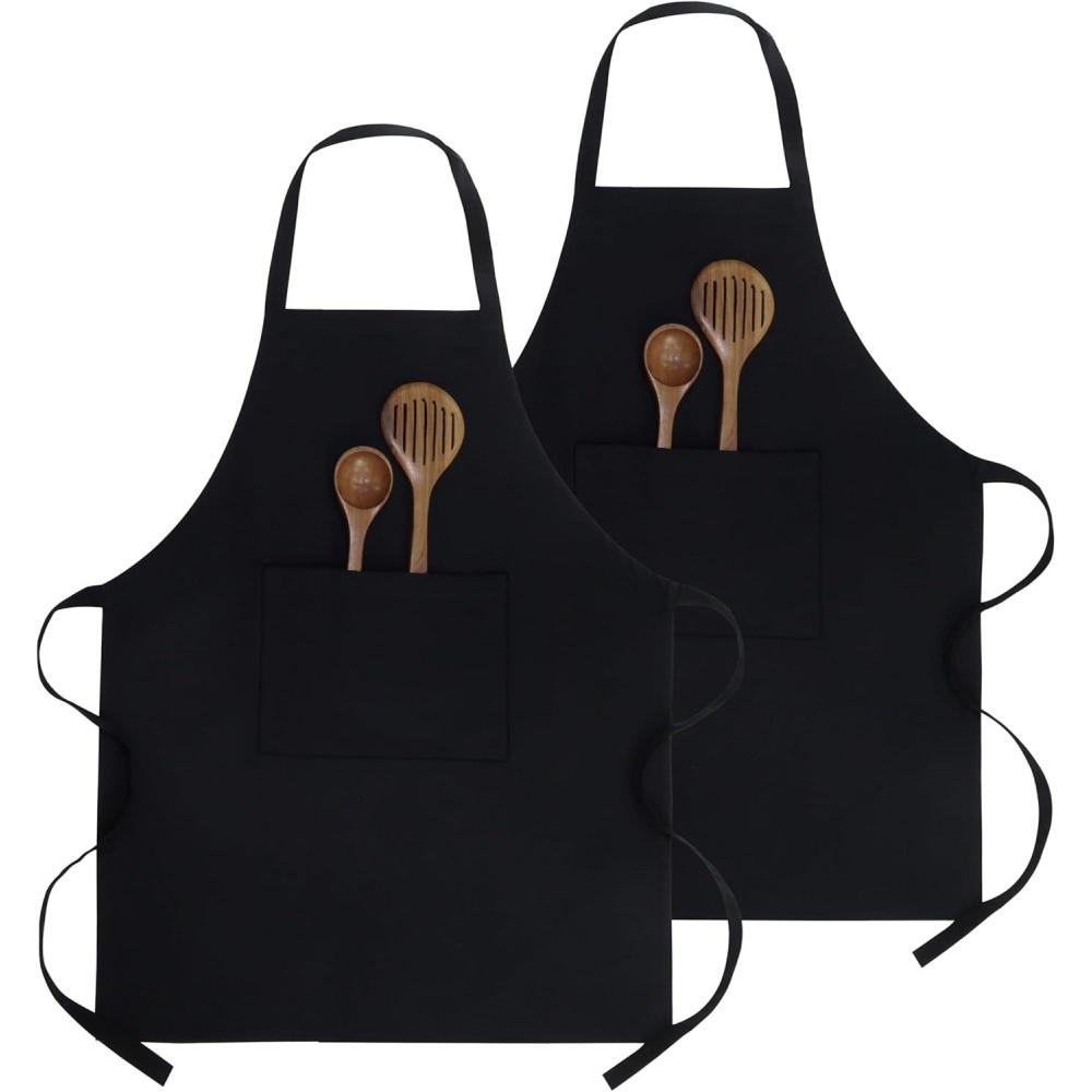 image:imagePurpleEssences 2 Pack Adjustable Kitchen Aprons with 2 Pockets 27x32 Inches Cotton Home or Restaurant for Men amp Women Soft Durable Black