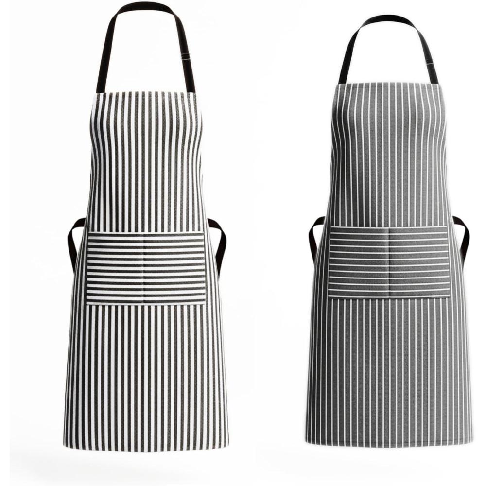 image:imagePurpleEssences Striped Adjustable Kitchen Aprons with 2 PocketsCotton Soft Durable for HomeRestaurant for Men amp WomenAssorted White Black