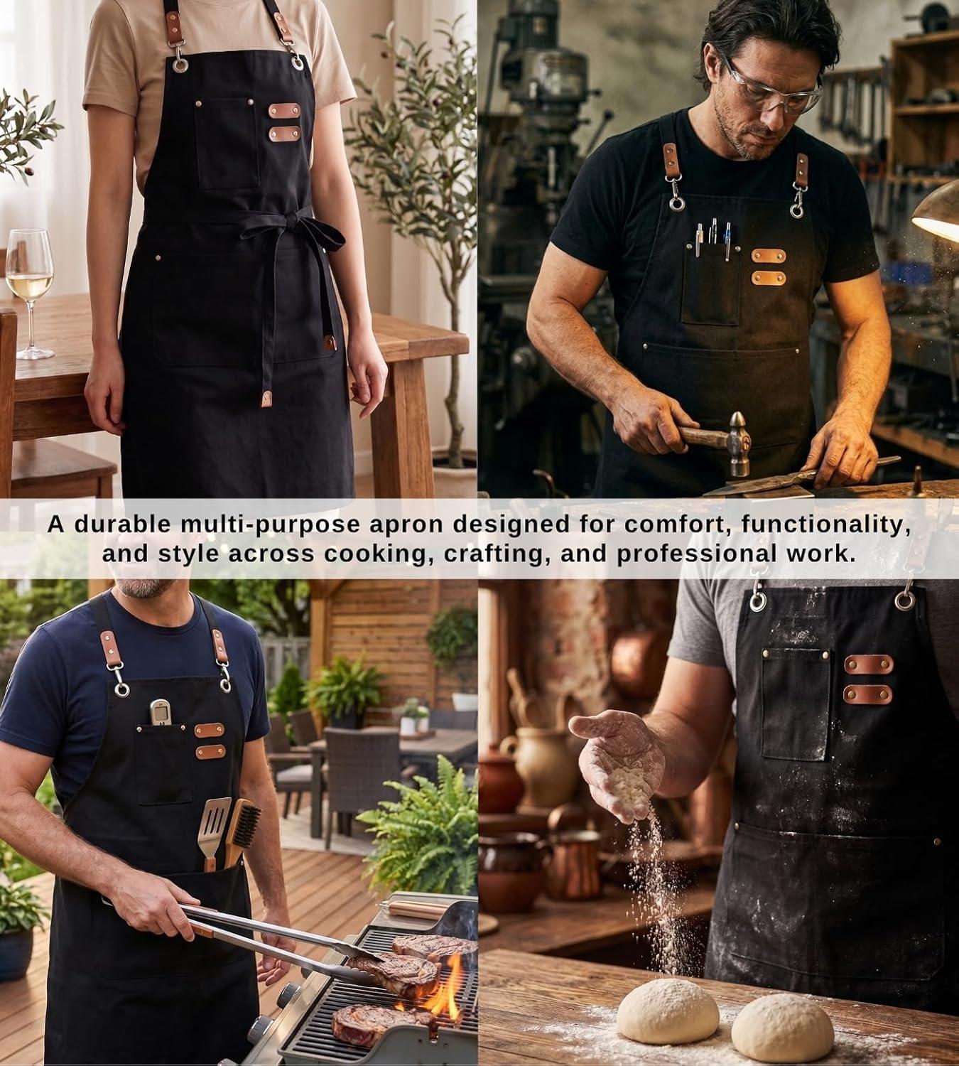image:imagePurpleEssences CrossBack Cotton Canvas Apron 27x32 Inch HeavyDuty Water amp Oil Resistant Chef Apron with Large Pockets Adjustable Straps for Men amp Women Black