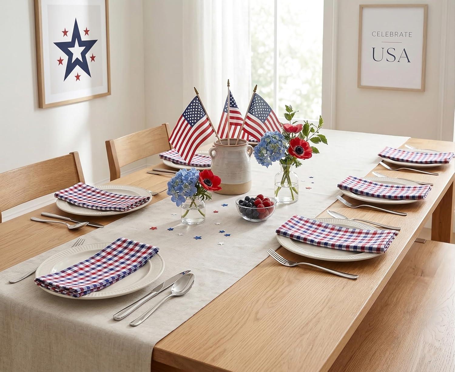 image:imagePurpleEssences Mini Gingham Check Dinner Cloth Napkin Spring Easter Summer Mitered Corners 18x18 Inch Set of 12100 Cotton Reusable Washable Sky Blue and WhiteRed Blue White