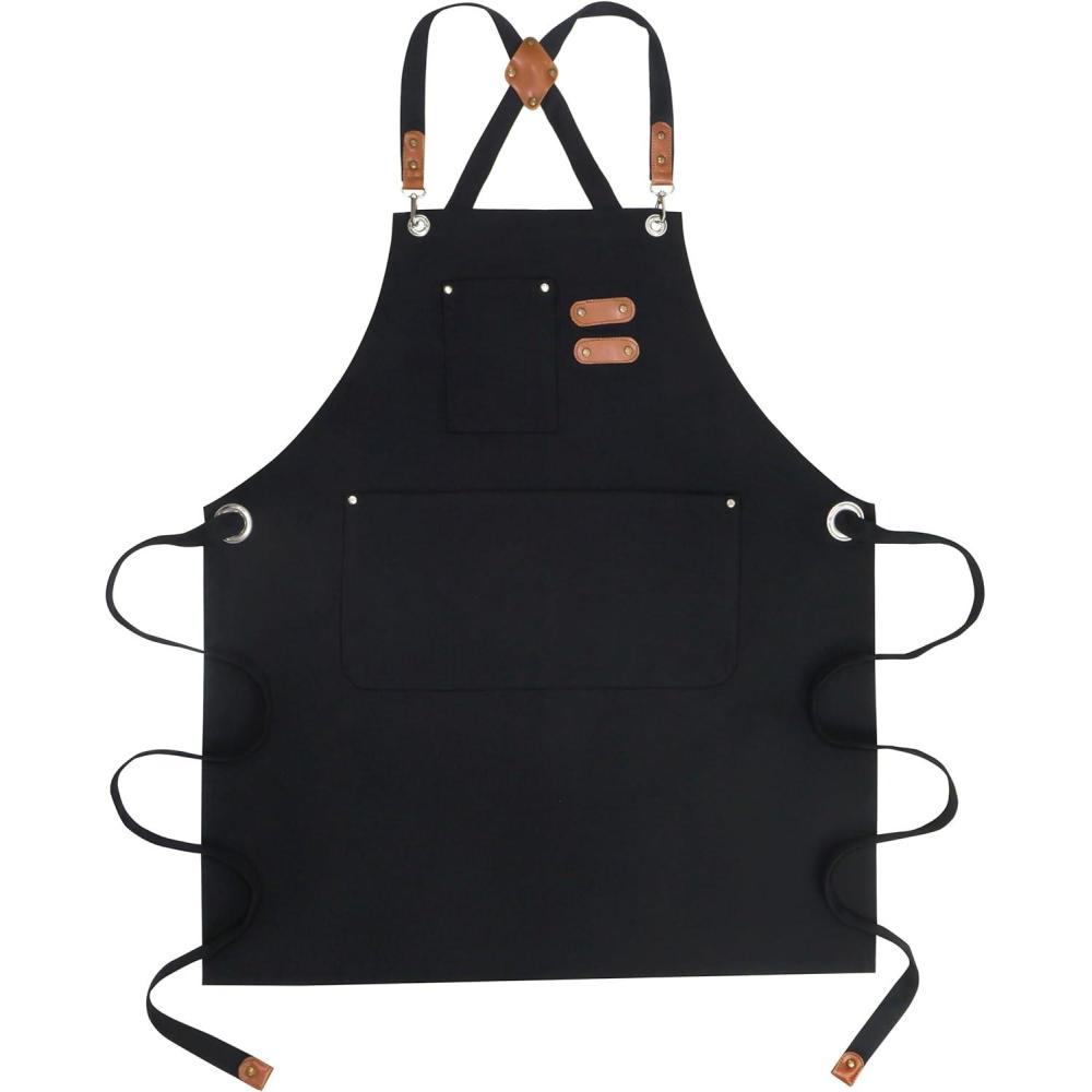 image:imagePurpleEssences CrossBack Cotton Canvas Apron 27x32 Inch HeavyDuty Water amp Oil Resistant Chef Apron with Large Pockets Adjustable Straps for Men amp Women Black