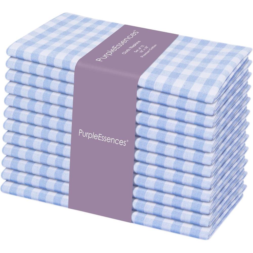 image:imagePurpleEssences Mini Gingham Check Dinner Cloth Napkin Spring Easter Summer Mitered Corners 18x18 Inch Set of 12100 Cotton Reusable Washable Sky Blue and WhiteSky Blue White