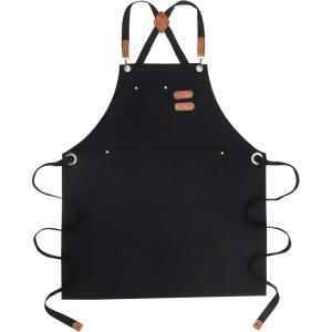 PurpleEssences Cross-Back Cotton Canvas Apron, 27×32 Inch, Heavy-Duty Water & Oil Resistant Chef Apron with Large Pockets, Adjustable Straps for Men & Women – Black