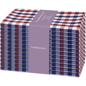 PurpleEssences Mini Gingham Check Dinner Cloth Napkin – Spring Easter Summer – Mitered Corners – 18×18 Inch – Set of 12-100% Cotton – Reusable Washable – Sky Blue and White(Red Blue White)