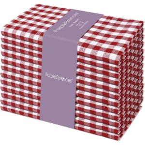 PurpleEssences Mini Gingham Check Dinner Cloth Napkin – Spring Easter Summer – Mitered Corners – 18×18 Inch – Set of 12-100% Cotton – Reusable Washable – Sky Blue and White(Red White)