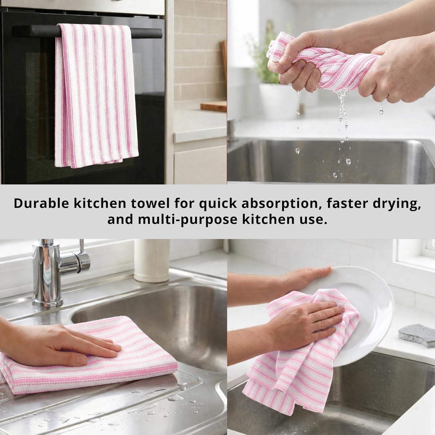 image:imagePurpleEssences Stripe Kitchen Towels Set of 6 18x28 Inch 100 Cotton Absorbent amp Reusable Dish Towels with Hanging Loop FrenchInspired Style Spring Easter Summer PinkPink