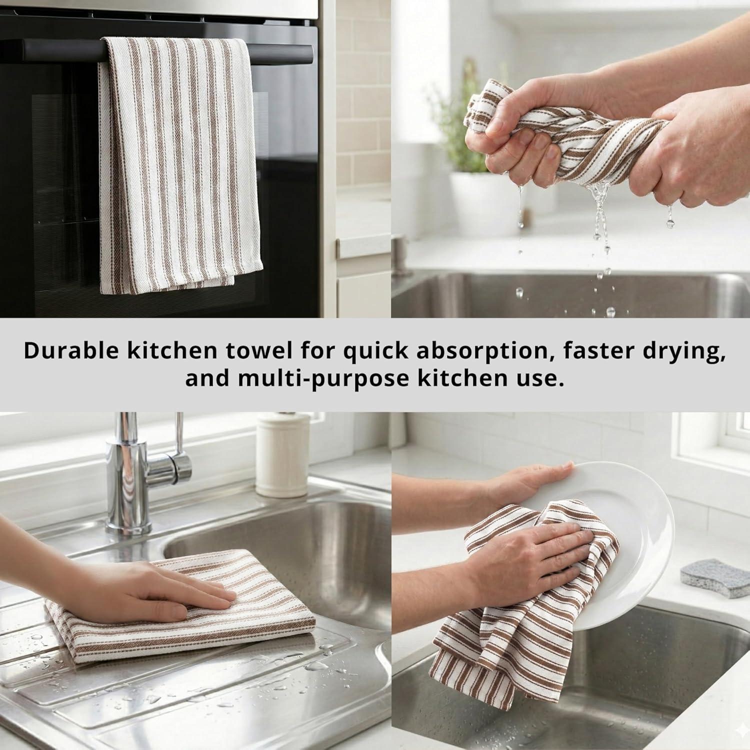image:imagePurpleEssences Stripe Kitchen Towels Set of 6 18x28 Inch 100 Cotton Absorbent amp Reusable Dish Towels with Hanging Loop FrenchInspired Style Spring Easter Summer PinkNut Brown