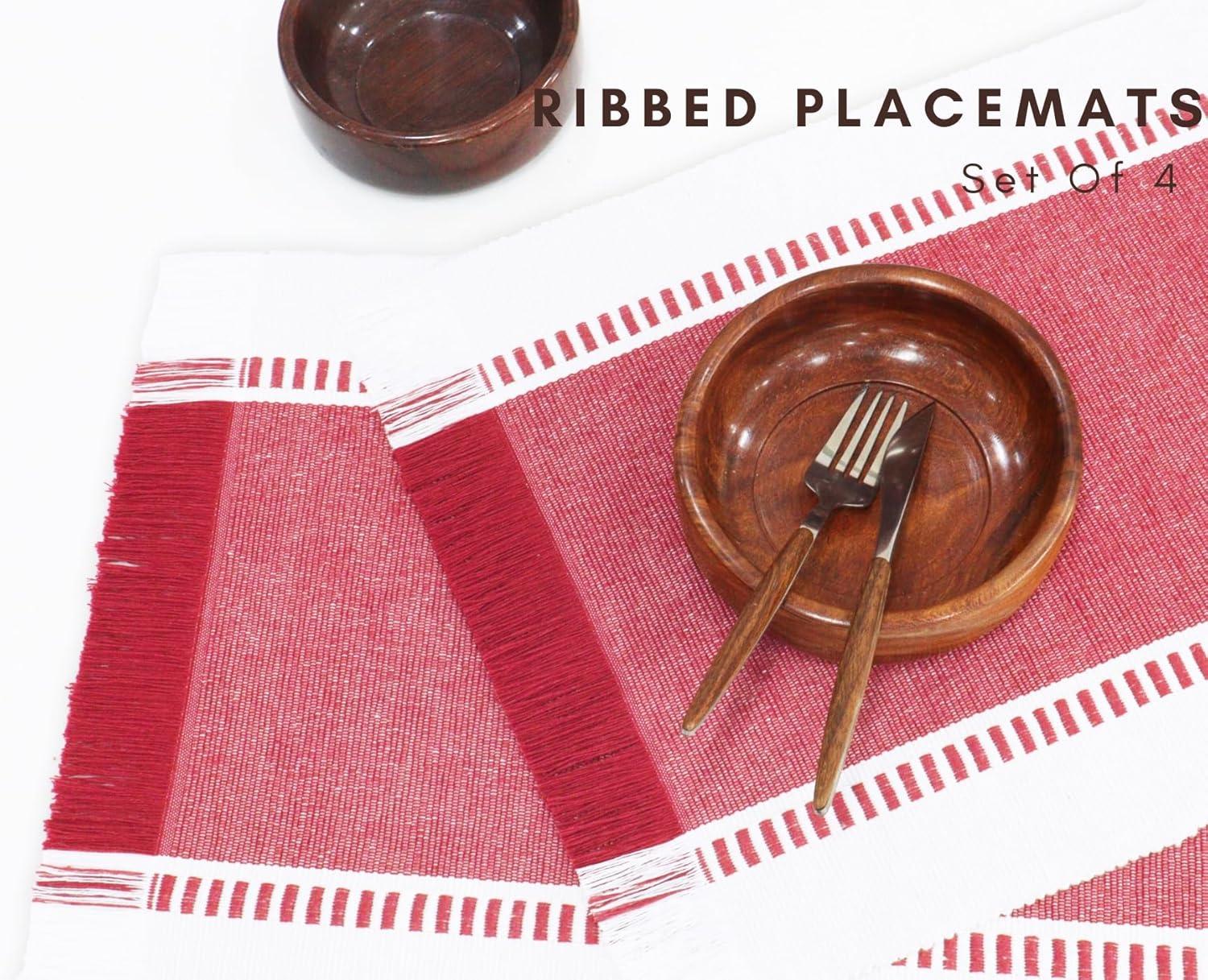 image:imagePurpleEssences Table Runner Wide with Dobby Stripe Ribbed Weave amp Double Knot Fringes 14x72 Inch amp Stripe Ribbed Placemats with Fringes Set of 4 13x19 Inch 100 Cotton Red and HWhite
