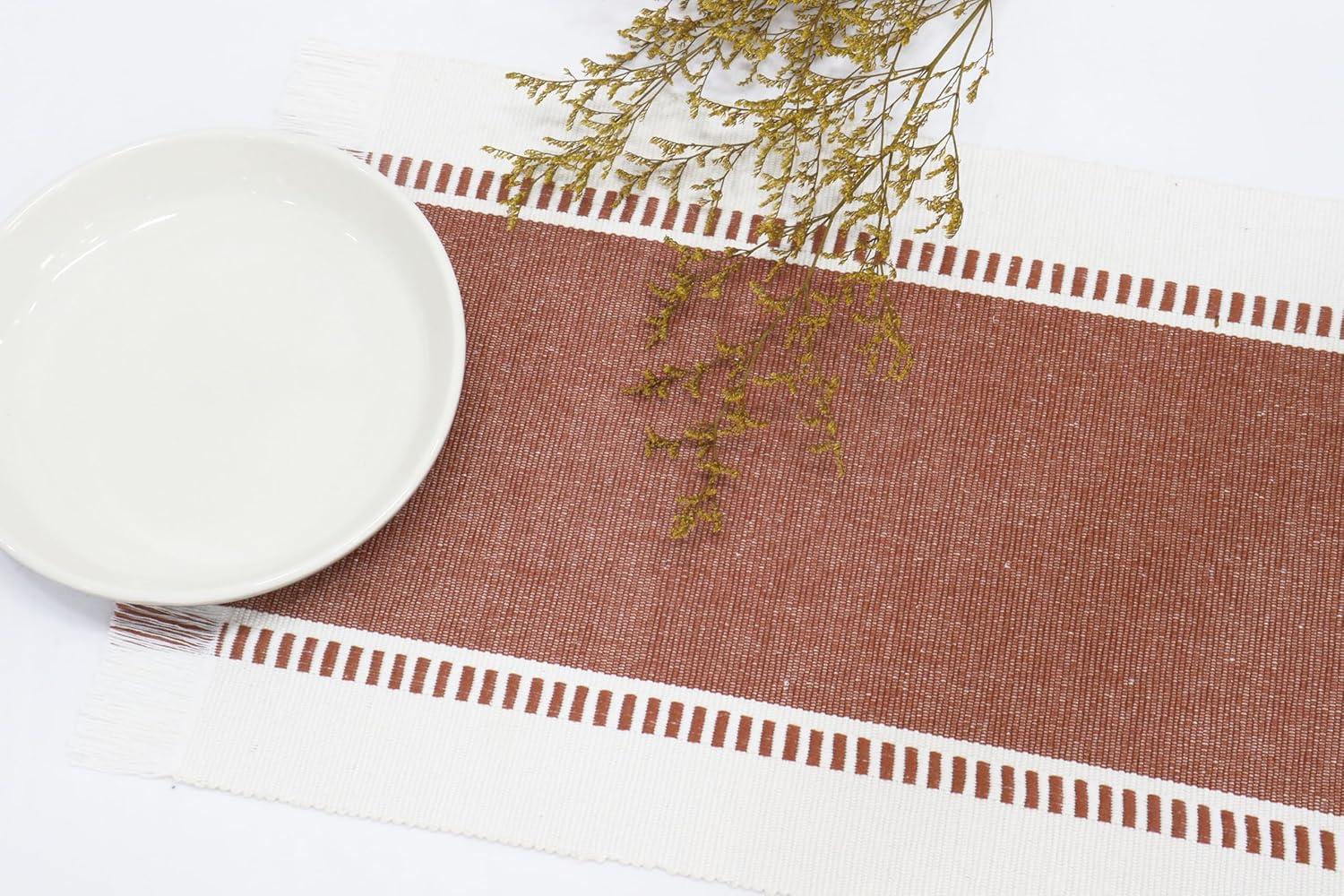 image:imagePurpleEssences Table Runner Wide with Dobby Stripe Ribbed Weave amp Double Knot Fringes 14x90 Inch amp Stripe Ribbed Placemats with Fringes Set of 4 13x19 Inch 100 Cotton Rust HWhite