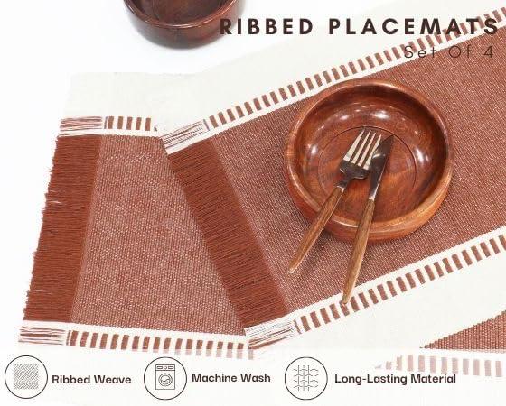 image:imagePurpleEssences Table Runner Wide with Dobby Stripe Ribbed Weave amp Double Knot Fringes 14x90 Inch amp Stripe Ribbed Placemats with Fringes Set of 4 13x19 Inch 100 Cotton Rust HWhite