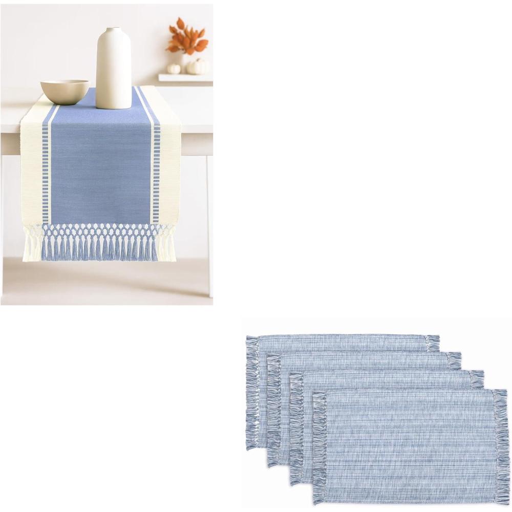 image:imagePurpleEssences Dobby Stripe Ribbed Table Runner with Double Knot Fringes 14x90 Inch and Chambray Placemats with Fringes Set of 4 13x19 Inch  100 Cotton