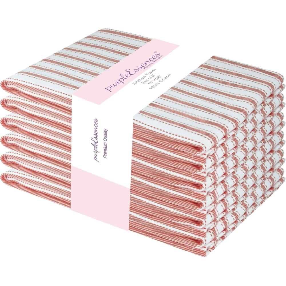 image:imagePurpleEssences Stripe Kitchen Towels Set of 6 18x28 Inch 100 Cotton Absorbent amp Reusable Dish Towels with Hanging Loop FrenchInspired Style Spring Easter Summer PinkRust