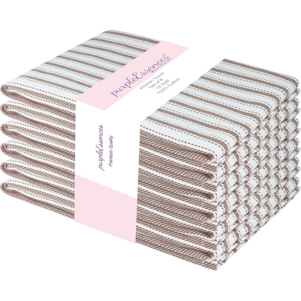image:imagePurpleEssences Stripe Kitchen Towels Set of 6 18x28 Inch 100 Cotton Absorbent amp Reusable Dish Towels with Hanging Loop FrenchInspired Style Spring Easter Summer PinkNut Brown