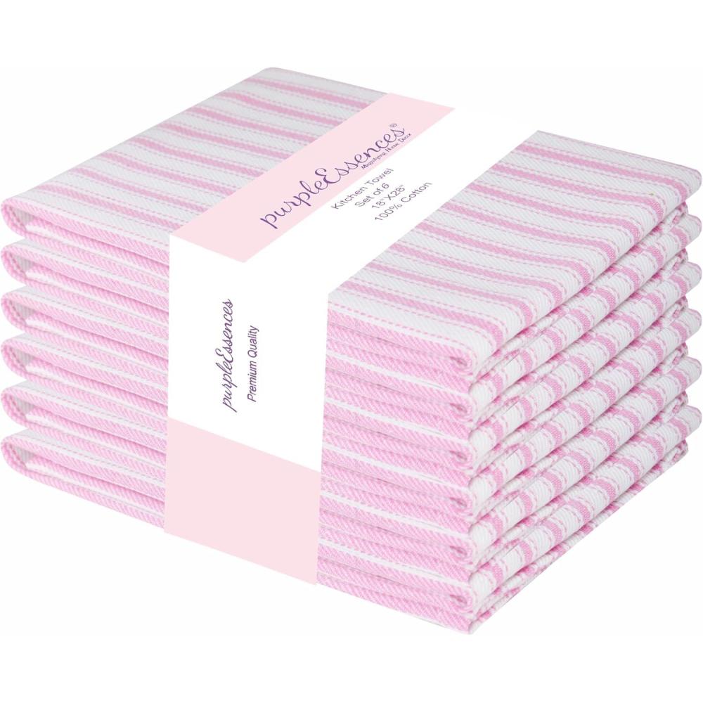 image:imagePurpleEssences Stripe Kitchen Towels Set of 6 18x28 Inch 100 Cotton Absorbent amp Reusable Dish Towels with Hanging Loop FrenchInspired Style Spring Easter Summer PinkPink