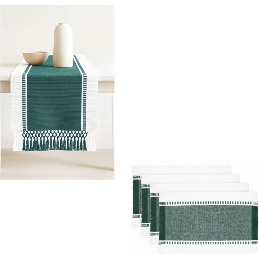 image:imagePurpleEssences Table Runner Wide with Dobby Stripe Ribbed Weave amp Double Knot Fringes 14x72 Inch amp Stripe Ribbed Placemats with Fringes Set of 4 13x19 Inch 100 Cotton Forest Green and HWhite