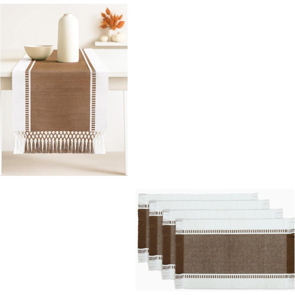 image:imagePurpleEssences Table Runner Wide with Dobby Stripe Ribbed Weave amp Double Knot Fringes 14x90 Inch amp Stripe Ribbed Placemats with Fringes Set of 4 13x19 Inch 100 Cotton NutbrownHWhite