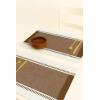 PurpleEssences Table Runner – Wide with Dobby Stripe, Ribbed Weave & Double Knot Fringes, 14×90 Inch & Stripe Ribbed Placemats with Fringes Set of 4, 13×19 Inch, 100% Cotton -Nutbrown/H.White