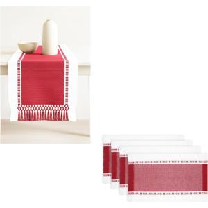 PurpleEssences Table Runner – Wide with Dobby Stripe, Ribbed Weave & Double Knot Fringes, 14×72 Inch & Stripe Ribbed Placemats with Fringes Set of 4, 13×19 Inch, 100% Cotton – Red and H.White