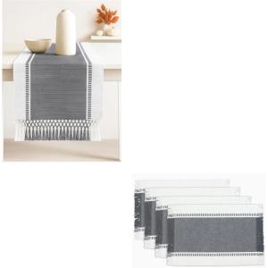PurpleEssences Table Runner – Wide with Dobby Stripe, Ribbed Weave & Double Knot Fringes, 14×72 Inch & Stripe Ribbed Placemats with Fringes Set of 4, 13×19 Inch, 100% Cotton – Mineral Gray and H.White