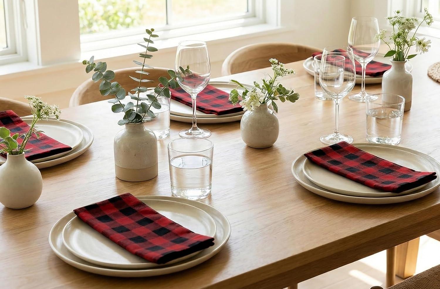 image:imagePurpleEssences Homestead Plaid Cloth Napkins Mitered Corners Spring Easter Summer Check Dinner Napkin Set of 12100 Cotton 18x18 Inch Reusable Washable Blue and WhiteRed Black