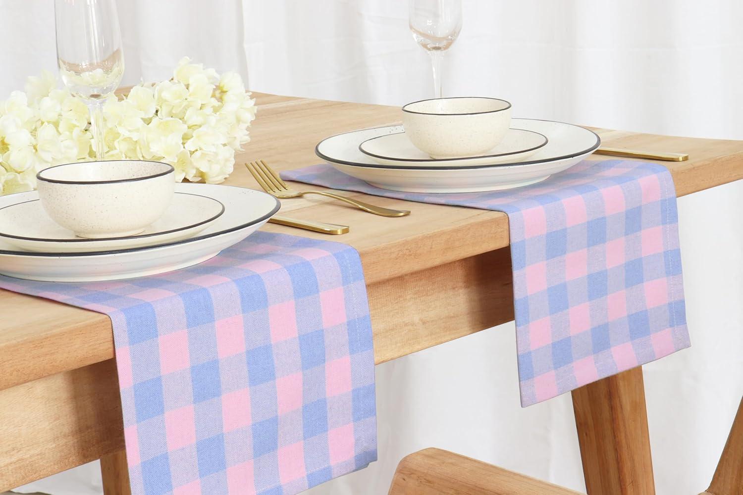 image:imagePurpleEssences Homestead Plaid Cloth Napkins Mitered Corners Spring Easter Summer Check Dinner Napkin Set of 12100 Cotton 18x18 Inch Reusable Washable Blue and WhiteLight Blue Blush Pink