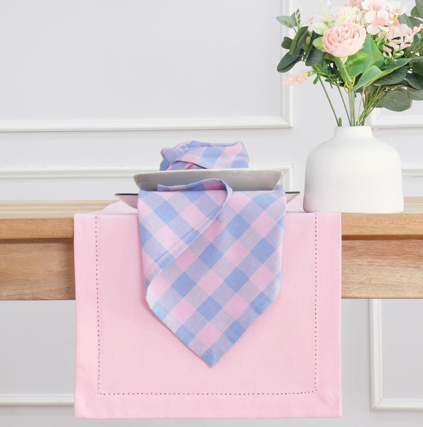 image:imagePurpleEssences Homestead Plaid Cloth Napkins Mitered Corners Spring Easter Summer Check Dinner Napkin Set of 12100 Cotton 18x18 Inch Reusable Washable Blue and WhiteLight Blue Blush Pink