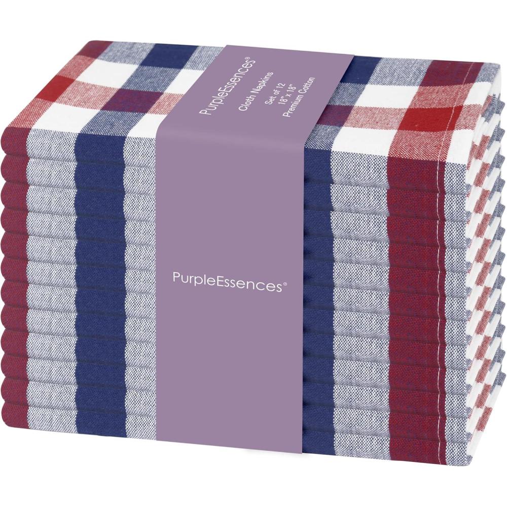 image:imagePurpleEssences Homestead Plaid Cloth Napkins Mitered Corners Spring Easter Summer Check Dinner Napkin Set of 12100 Cotton 18x18 Inch Reusable Washable Blue and White4th of July Red White Blue