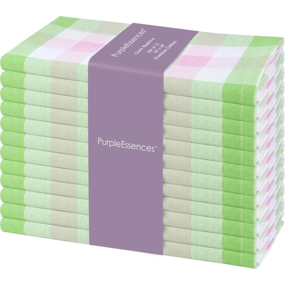 image:imagePurpleEssences Homestead Plaid Cloth Napkins Mitered Corners Spring Easter Summer Check Dinner Napkin Set of 12100 Cotton 18x18 Inch Reusable Washable Blue and WhiteApple Green Blush Pink