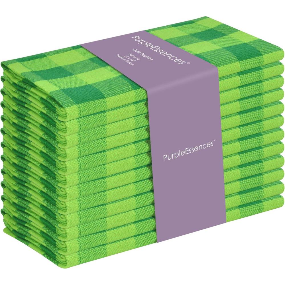 image:imagePurpleEssences Homestead Plaid Cloth Napkins  Mitered Corners  Spring Easter Summer  Check Dinner Napkin  Set of 12100 Cotton  18x18 Inch  Reusable Washable  Blue and WhiteSt Patricks Green