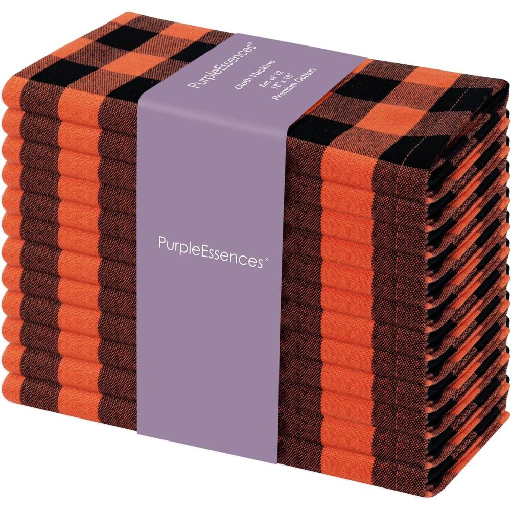 image:imagePurpleEssences Homestead Plaid Cloth Napkins Mitered Corners Spring Easter Summer Check Dinner Napkin Set of 12100 Cotton 18x18 Inch Reusable Washable Blue and WhiteOrange Black