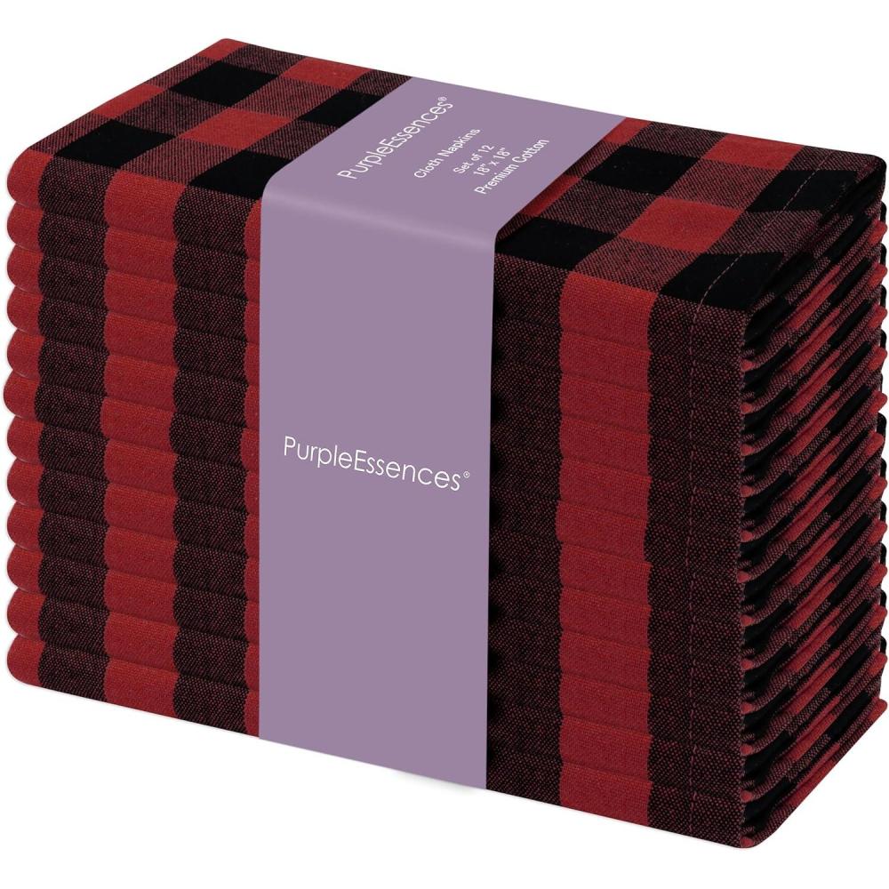 image:imagePurpleEssences Homestead Plaid Cloth Napkins Mitered Corners Spring Easter Summer Check Dinner Napkin Set of 12100 Cotton 18x18 Inch Reusable Washable Blue and WhiteRed Black