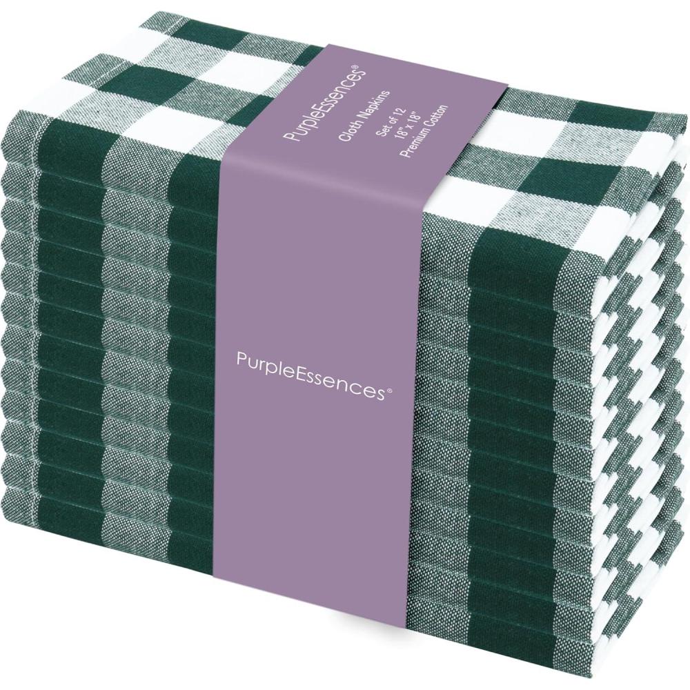 image:imagePurpleEssences Homestead Plaid Cloth Napkins Mitered Corners Spring Easter Summer Check Dinner Napkin Set of 12100 Cotton 18x18 Inch Reusable Washable Blue and WhiteForest Green White