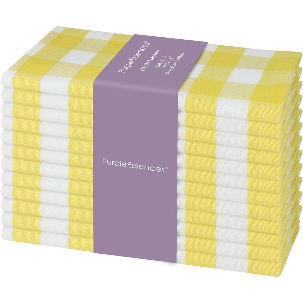 image:imagePurpleEssences Homestead Plaid Cloth Napkins Mitered Corners Spring Easter Summer Check Dinner Napkin Set of 12100 Cotton 18x18 Inch Reusable Washable Blue and WhiteYellow White