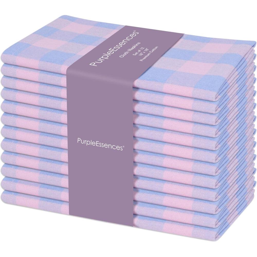 image:imagePurpleEssences Homestead Plaid Cloth Napkins  Mitered Corners  Spring Easter Summer  Check Dinner Napkin  Set of 12100 Cotton  18x18 Inch  Reusable Washable  Blue and WhiteLight Blue Blush Pink