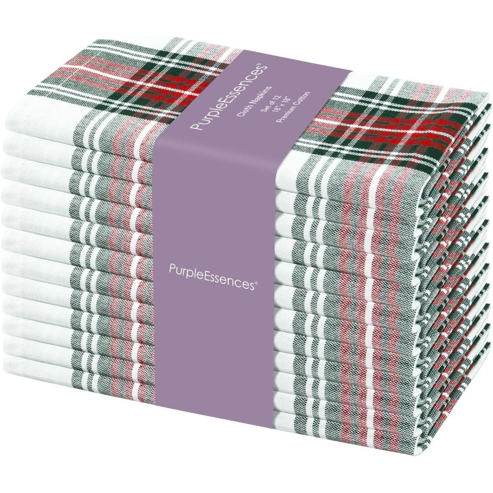 image:imagePurpleEssences Homestead Plaid Cloth Napkins  Mitered Corners  Spring Easter Summer  Check Dinner Napkin  Set of 12100 Cotton  18x18 Inch  Reusable Washable  Blue and WhiteTartan Plaid RedWhite