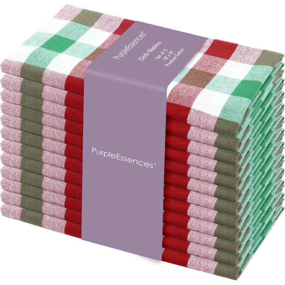 image:imagePurpleEssences Homestead Plaid Cloth Napkins  Mitered Corners  Spring Easter Summer  Check Dinner Napkin  Set of 12100 Cotton  18x18 Inch  Reusable Washable  Blue and WhiteRed Green White