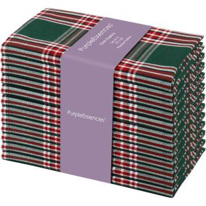 PurpleEssences Homestead Plaid Cloth Napkins – Mitered Corners – Spring Easter Summer – Check Dinner Napkin – Set of 12-100% Cotton – 18×18 Inch – Reusable Washable – Blue and White(Tartan Plaid Green)