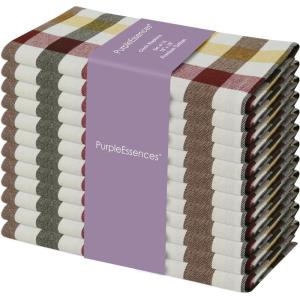 PurpleEssences Homestead Plaid Cloth Napkins – Mitered Corners – Spring Easter Summer – Check Dinner Napkin – Set of 12-100% Cotton – 18×18 Inch – Reusable Washable – Blue and White(Harvest)