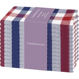 PurpleEssences Homestead Plaid Cloth Napkins – Mitered Corners – Spring Easter Summer – Check Dinner Napkin – Set of 12-100% Cotton – 18×18 Inch – Reusable Washable – Blue and White(4th of July Red White Blue)