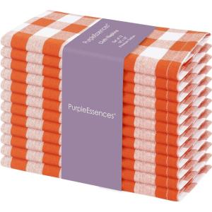 PurpleEssences Homestead Plaid Cloth Napkins – Mitered Corners – Spring Easter Summer – Check Dinner Napkin – Set of 12-100% Cotton – 18×18 Inch – Reusable Washable – Blue and White(Orange White)