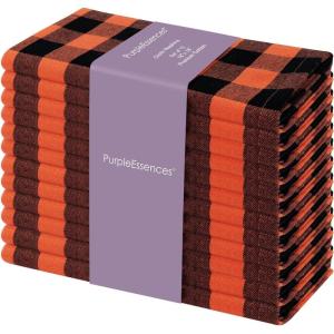 PurpleEssences Homestead Plaid Cloth Napkins – Mitered Corners – Spring Easter Summer – Check Dinner Napkin – Set of 12-100% Cotton – 18×18 Inch – Reusable Washable – Blue and White(Orange Black)