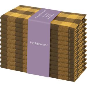 PurpleEssences Homestead Plaid Cloth Napkins – Mitered Corners – Spring Easter Summer – Check Dinner Napkin – Set of 12-100% Cotton – 18×18 Inch – Reusable Washable – Blue and White(Golden Yellow Nut Brown)