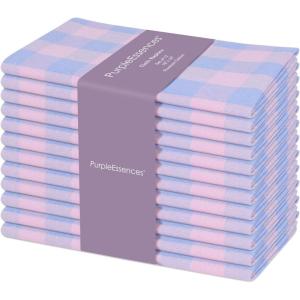 PurpleEssences Homestead Plaid Cloth Napkins – Mitered Corners – Spring Easter Summer – Check Dinner Napkin – Set of 12-100% Cotton – 18×18 Inch – Reusable Washable – Blue and White(Light Blue Blush Pink)