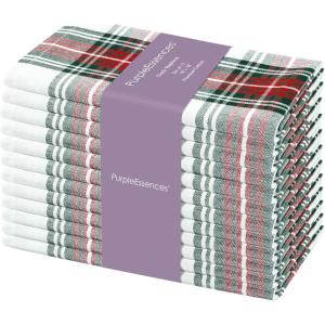 PurpleEssences Homestead Plaid Cloth Napkins – Mitered Corners – Spring Easter Summer – Check Dinner Napkin – Set of 12-100% Cotton – 18×18 Inch – Reusable Washable – Blue and White(Tartan Plaid Red/White)