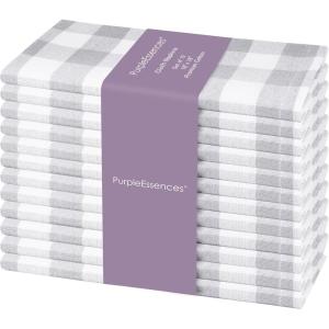 PurpleEssences Homestead Plaid Cloth Napkins – Mitered Corners – Spring Easter Summer – Check Dinner Napkin – Set of 12-100% Cotton – 18×18 Inch – Reusable Washable – Blue and White(Grey White)
