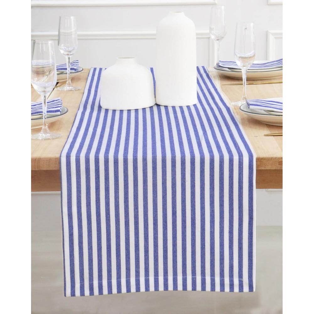 image:imagePurpleEssences French Striped Table Runner 90 inches Long Stripe Runner 14 x 90 Inch 100 Cotton Durable Washable Fabric for Spring Easter Summer Table Decor Blue and WhiteStripe BlueWhite