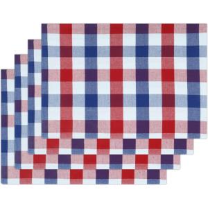 PurpleEssences Buffalo Plaid Placemats, Washable Spill Proof Double Layer Woven Checkered placemat for Dining Table and Kitchen – Spring Easter Summer – 13×19 Inch – Set of 4 – Blue and White(4th of July Red Blue and White)